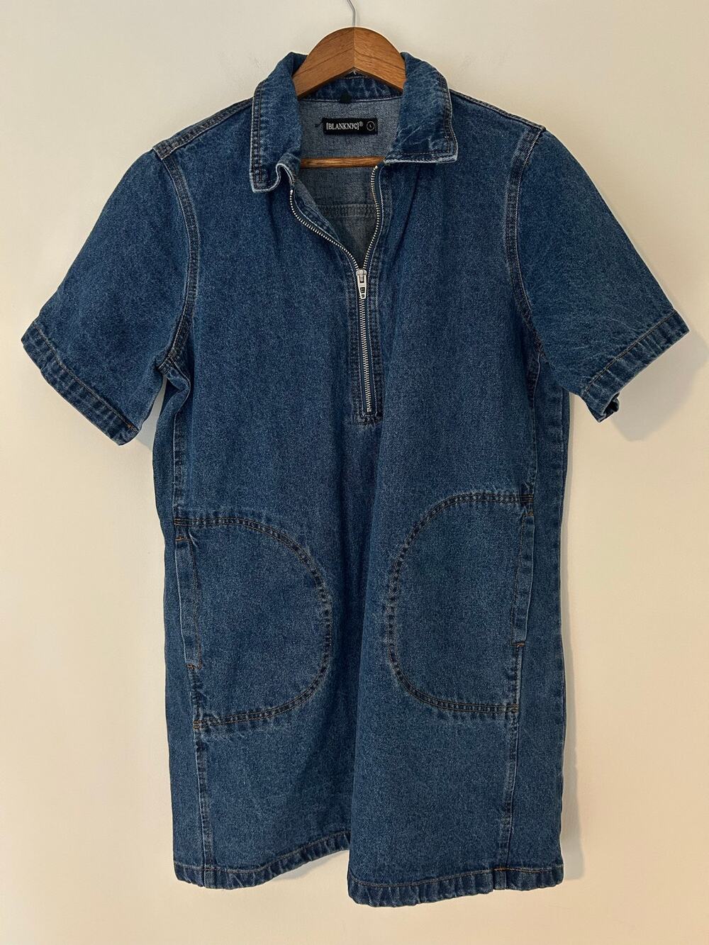 Blank NYC A-Line Denim Jean Mini Dress Blue Zip Up Pockets Cotton EUC L